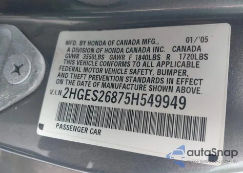 2005 Honda Civic Ex из США, поврежденный, VIN 2HGES26875H549949